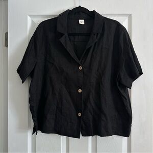 Size XXL Lintico Black 100% Linen Short Sleeve Button Up Collared Shirt